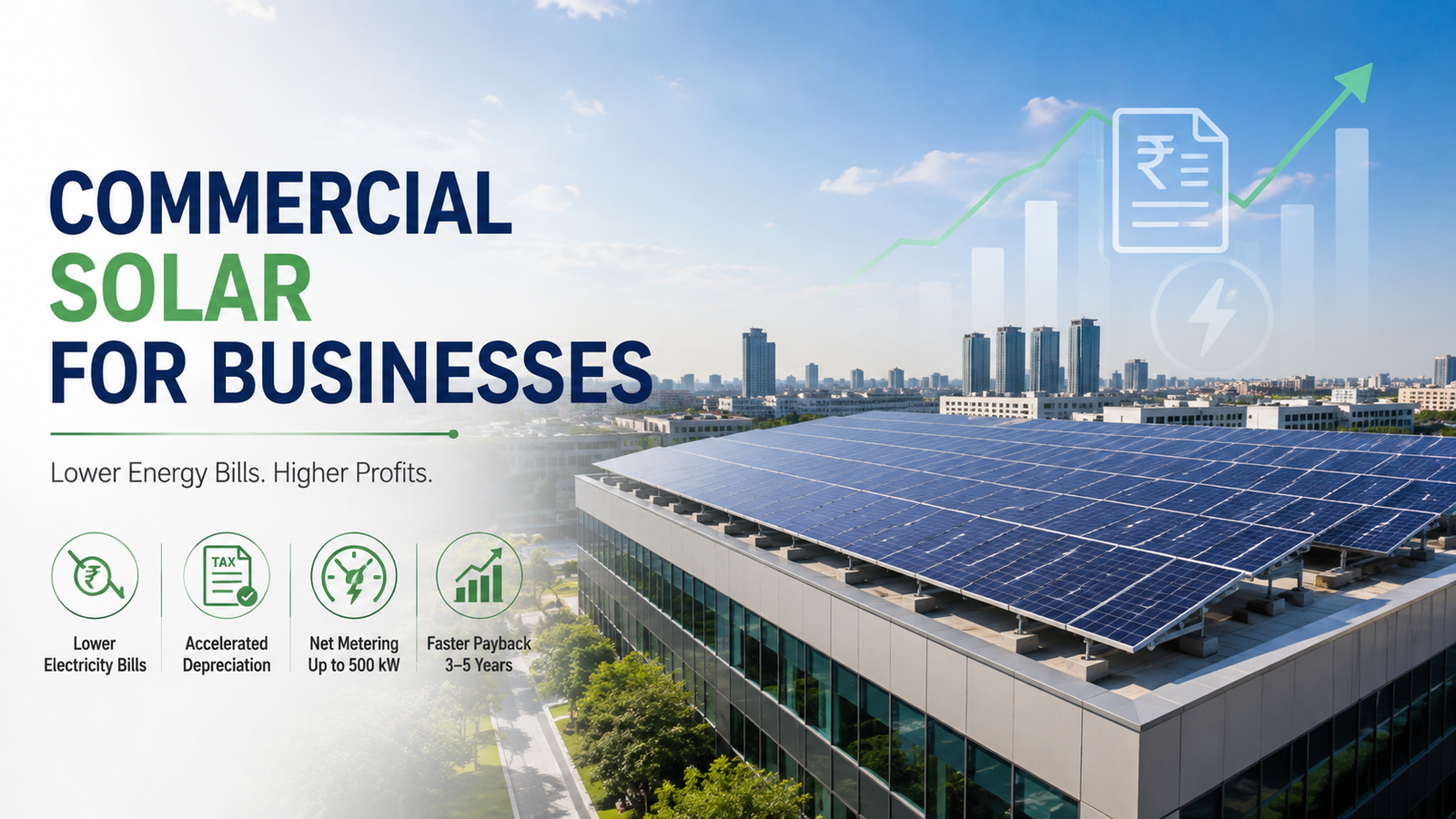 Commercial rooftop solar panels installed on an office building, illustrating how businesses reduce electricity costs with solar energy in Madhya Pradesh.